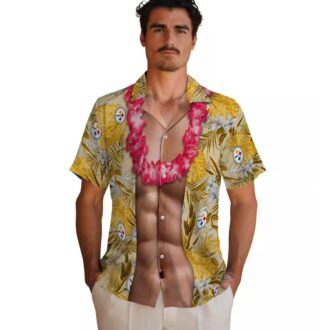 NFL Fans Steelers Chest Illusion Hawaiian Shirt, Gold Tropical Game Day Outfit