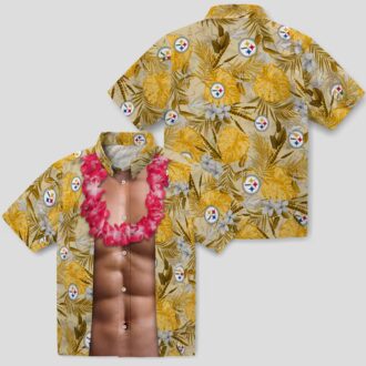 NFL Fans Steelers Chest Illusion Hawaiian Shirt, Gold Tropical Game Day Outfit