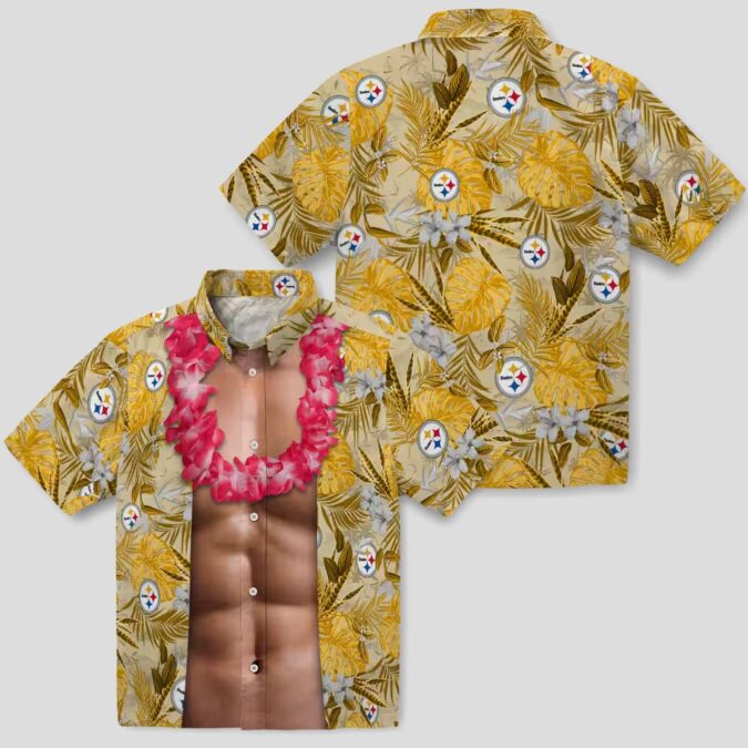 NFL Fans Steelers Chest Illusion Hawaiian Shirt, Gold Tropical Game Day Outfit