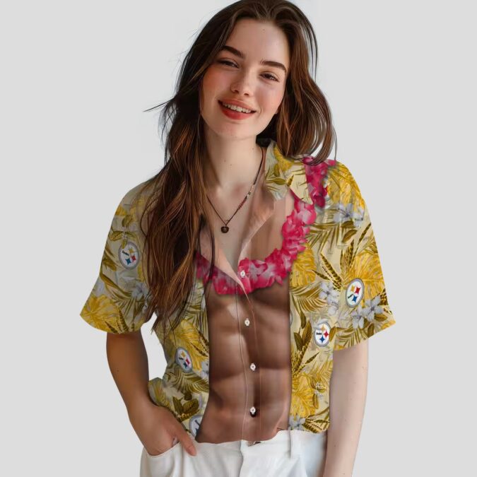 NFL Fans Steelers Chest Illusion Hawaiian Shirt, Gold Tropical Game Day Outfit