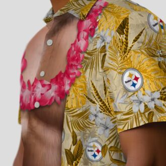 NFL Fans Steelers Chest Illusion Hawaiian Shirt, Gold Tropical Game Day Outfit