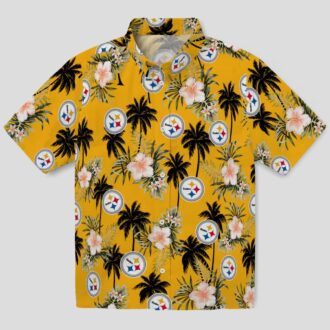 NFL Fans Steelers Tropical Hawaiian Shirt, Palm Tree & Gold Flower Design Beach Shirt