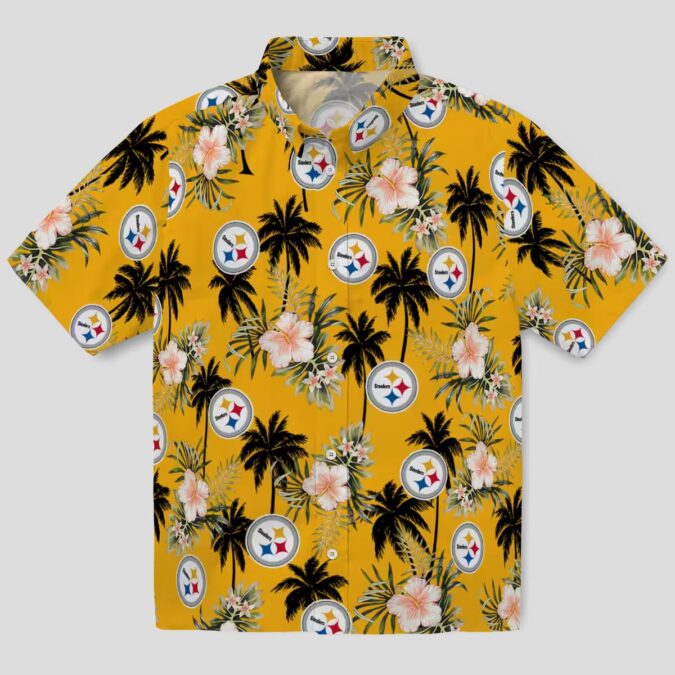 NFL Fans Steelers Tropical Hawaiian Shirt, Palm Tree & Gold Flower Design Beach Shirt