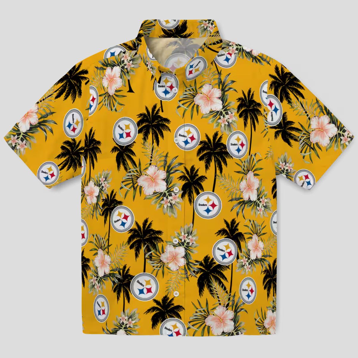 NFL Fans Steelers Tropical Hawaiian Shirt, Palm Tree & Gold Flower Design Beach Shirt