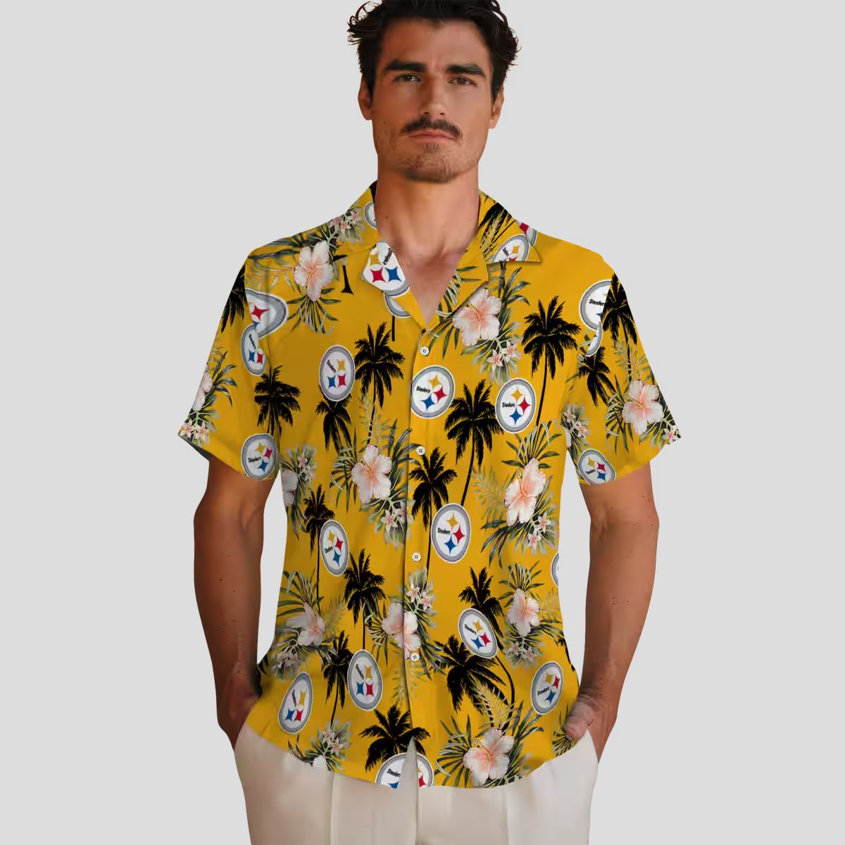 NFL Fans Steelers Tropical Hawaiian Shirt, Palm Tree & Gold Flower Design Beach Shirt