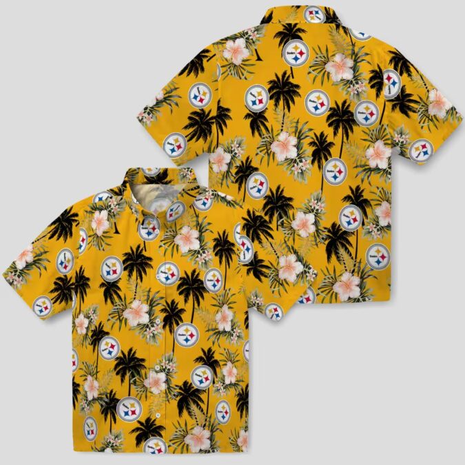 NFL Fans Steelers Tropical Hawaiian Shirt, Palm Tree & Gold Flower Design Beach Shirt