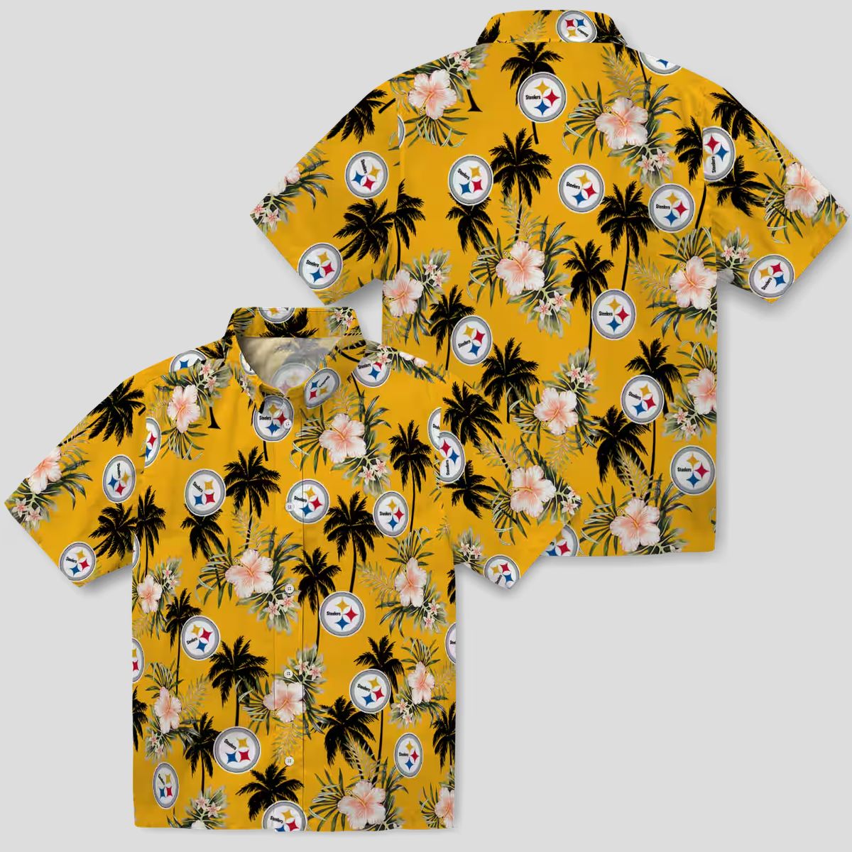 NFL Fans Steelers Tropical Hawaiian Shirt, Palm Tree & Gold Flower Design Beach Shirt