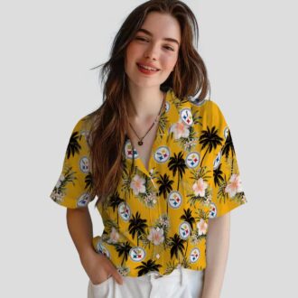 NFL Fans Steelers Tropical Hawaiian Shirt, Palm Tree & Gold Flower Design Beach Shirt