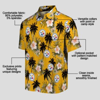 NFL Fans Steelers Tropical Hawaiian Shirt, Palm Tree & Gold Flower Design Beach Shirt