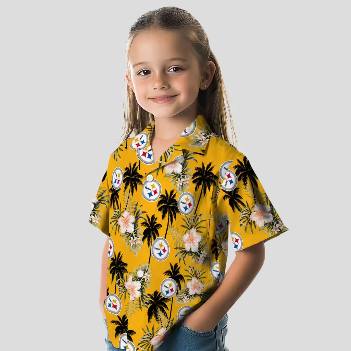 NFL Fans Steelers Tropical Hawaiian Shirt, Palm Tree & Gold Flower Design Beach Shirt