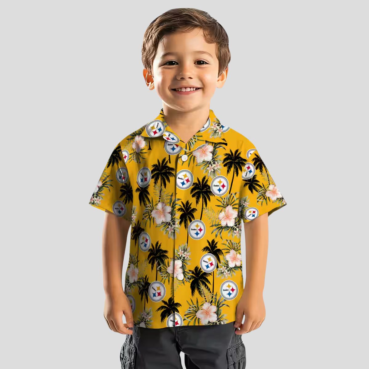 NFL Fans Steelers Tropical Hawaiian Shirt, Palm Tree & Gold Flower Design Beach Shirt