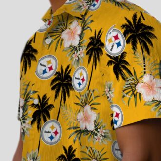 NFL Fans Steelers Tropical Hawaiian Shirt, Palm Tree & Gold Flower Design Beach Shirt