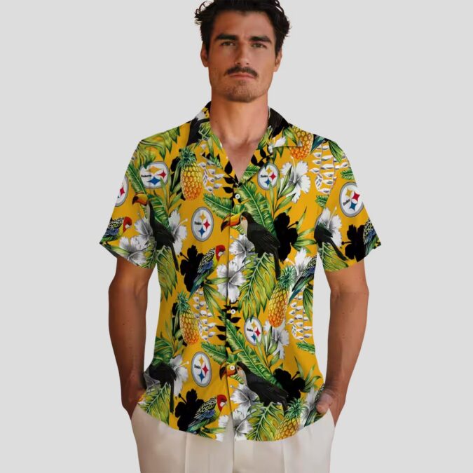 NFL Pittsburgh Steelers Gold Hawaiian Shirt, Hibiscus Toucan Summer Beach Shirt