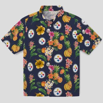 NFL Pittsburgh Steelers Tropical Aloha Shirt - Hibiscus & Fruit Navy Blue Beachwear