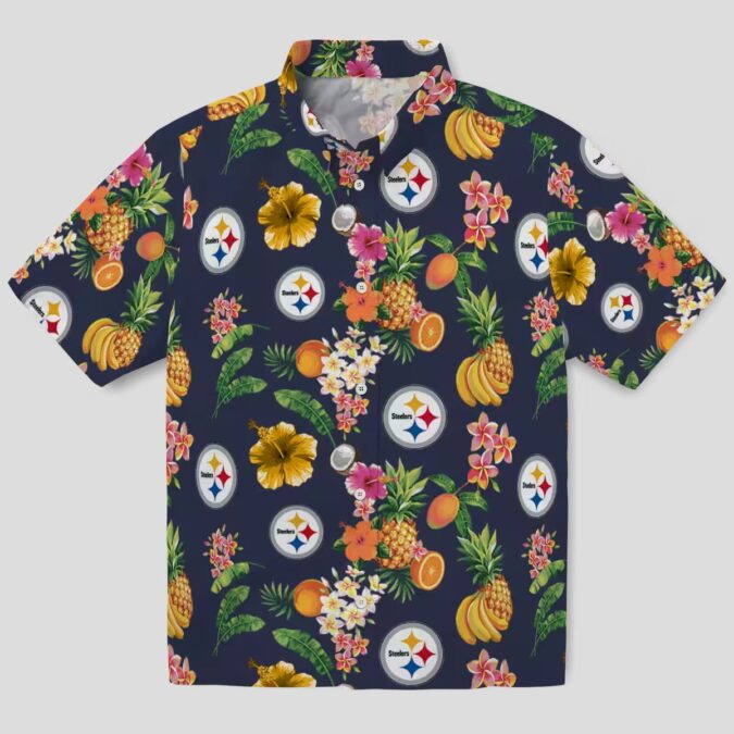 NFL Pittsburgh Steelers Tropical Aloha Shirt - Hibiscus & Fruit Navy Blue Beachwear