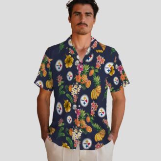 NFL Pittsburgh Steelers Tropical Aloha Shirt - Hibiscus & Fruit Navy Blue Beachwear