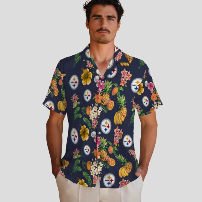 NFL Pittsburgh Steelers Tropical Aloha Shirt - Hibiscus & Fruit Navy Blue Beachwear