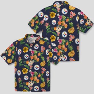 NFL Pittsburgh Steelers Tropical Aloha Shirt - Hibiscus & Fruit Navy Blue Beachwear