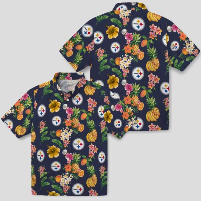 NFL Pittsburgh Steelers Tropical Aloha Shirt - Hibiscus & Fruit Navy Blue Beachwear