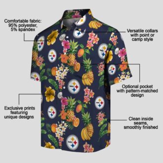 NFL Pittsburgh Steelers Tropical Aloha Shirt - Hibiscus & Fruit Navy Blue Beachwear