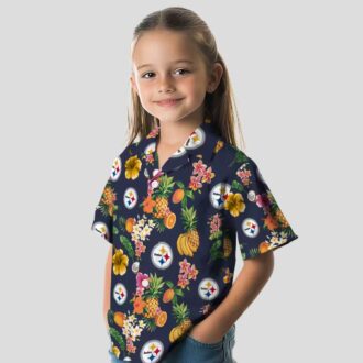 NFL Pittsburgh Steelers Tropical Aloha Shirt - Hibiscus & Fruit Navy Blue Beachwear