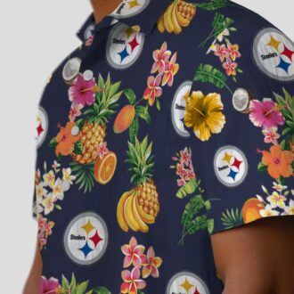 NFL Pittsburgh Steelers Tropical Aloha Shirt - Hibiscus & Fruit Navy Blue Beachwear