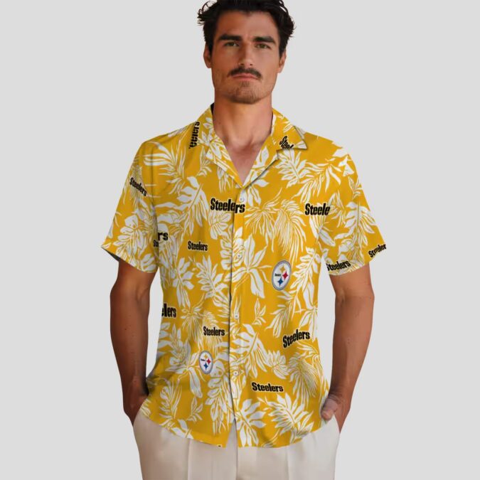 NFL Pittsburgh Steelers Tropical Leaf Hawaiian Shirt, Gold & White Beachwear for Men & Women