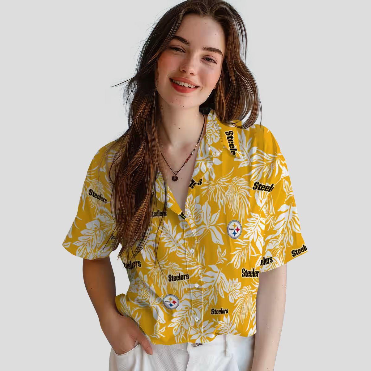 NFL Pittsburgh Steelers Tropical Leaf Hawaiian Shirt, Gold & White Beachwear for Men & Women