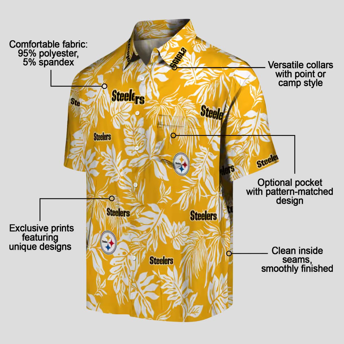 NFL Pittsburgh Steelers Tropical Leaf Hawaiian Shirt, Gold & White Beachwear for Men & Women