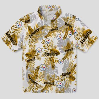 Pittsburgh Steelers Aloha Shirt, White Tropical Leaves NFL Hawaiian Shirt for Game Day