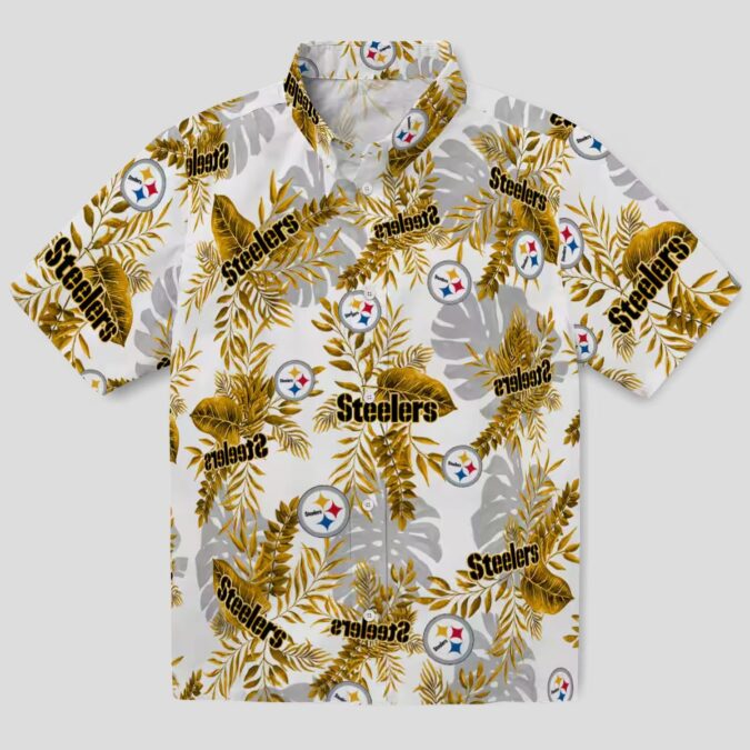 Pittsburgh Steelers Aloha Shirt, White Tropical Leaves NFL Hawaiian Shirt for Game Day