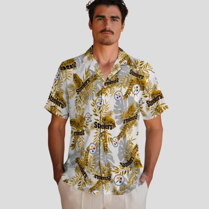 Pittsburgh Steelers Aloha Shirt, White Tropical Leaves NFL Hawaiian Shirt for Game Day