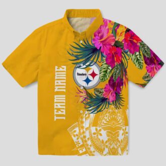 Pittsburgh Steelers Beach Short Sleeve Shirt - Gold Polynesian Floral Hawaiian Style