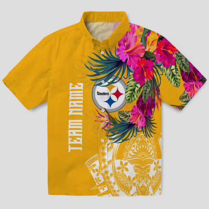 Pittsburgh Steelers Beach Short Sleeve Shirt - Gold Polynesian Floral Hawaiian Style