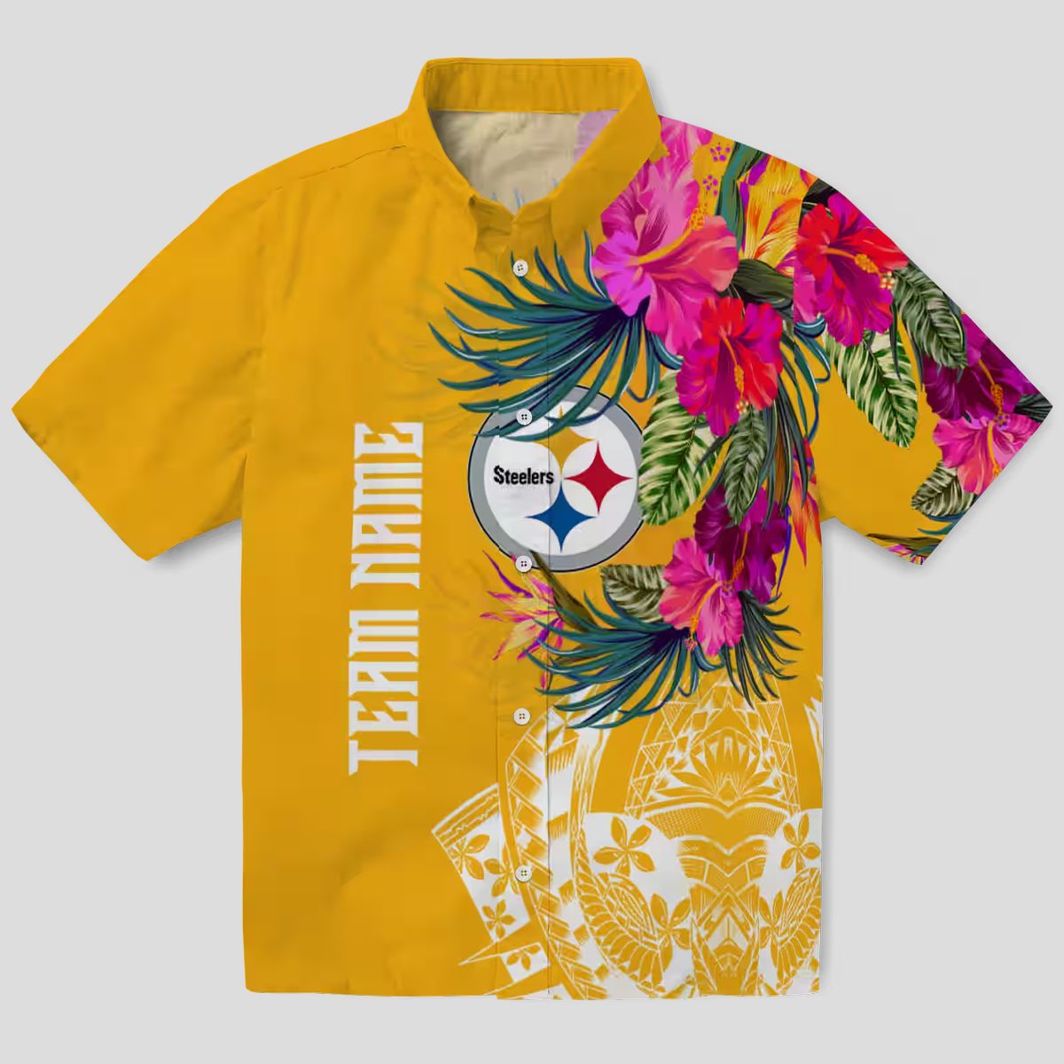 Pittsburgh Steelers Beach Short Sleeve Shirt - Gold Polynesian Floral Hawaiian Style