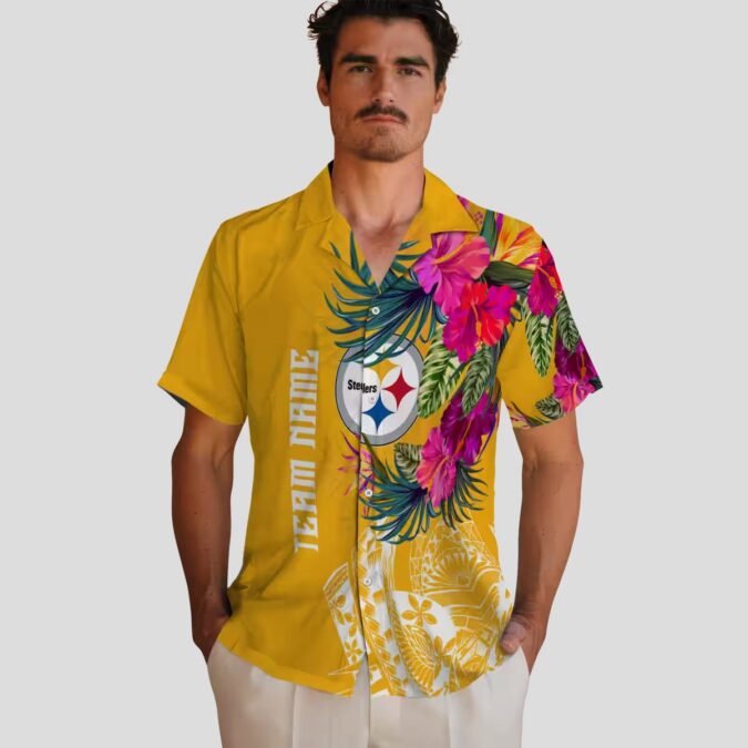 Pittsburgh Steelers Beach Short Sleeve Shirt - Gold Polynesian Floral Hawaiian Style