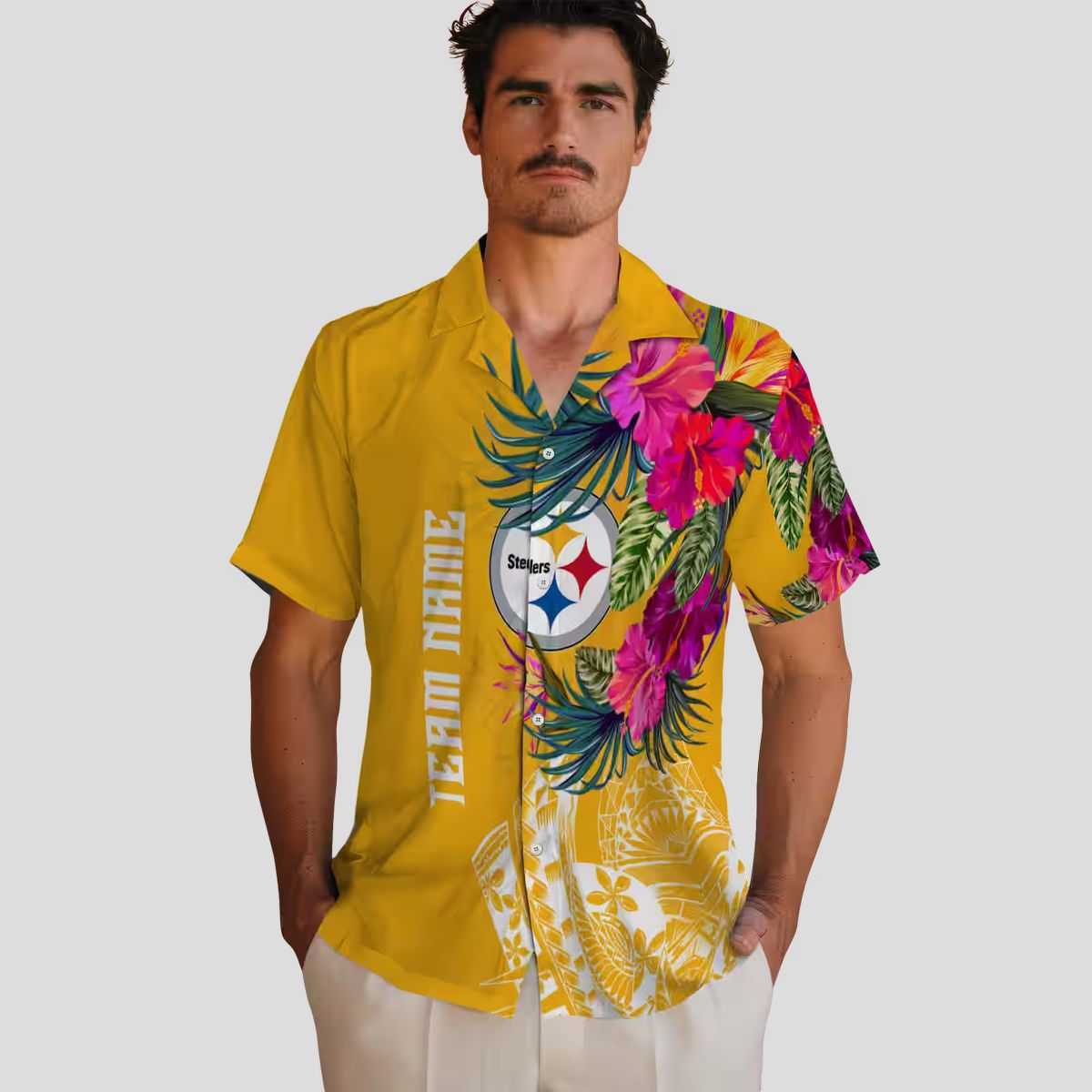 Pittsburgh Steelers Beach Short Sleeve Shirt - Gold Polynesian Floral Hawaiian Style
