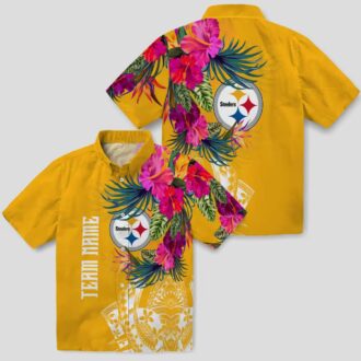 Pittsburgh Steelers Beach Short Sleeve Shirt - Gold Polynesian Floral Hawaiian Style