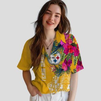 Pittsburgh Steelers Beach Short Sleeve Shirt - Gold Polynesian Floral Hawaiian Style