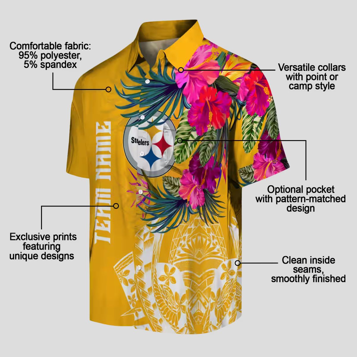 Pittsburgh Steelers Beach Short Sleeve Shirt - Gold Polynesian Floral Hawaiian Style