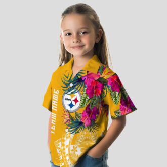 Pittsburgh Steelers Beach Short Sleeve Shirt - Gold Polynesian Floral Hawaiian Style