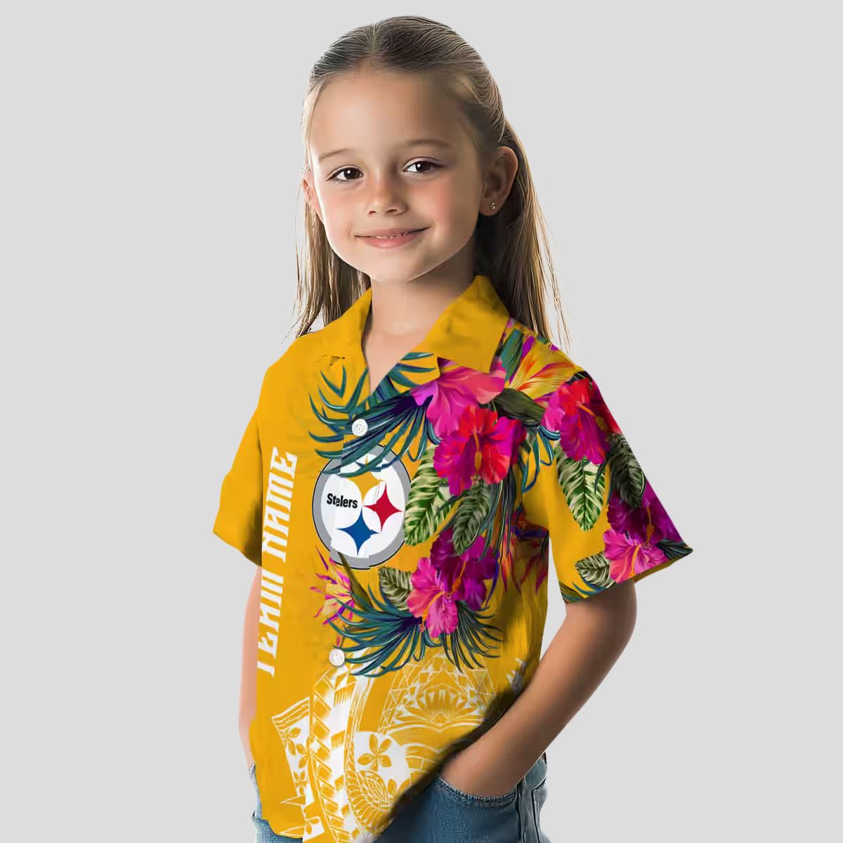 Pittsburgh Steelers Beach Short Sleeve Shirt - Gold Polynesian Floral Hawaiian Style