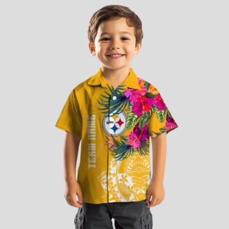 Pittsburgh Steelers Beach Short Sleeve Shirt - Gold Polynesian Floral Hawaiian Style