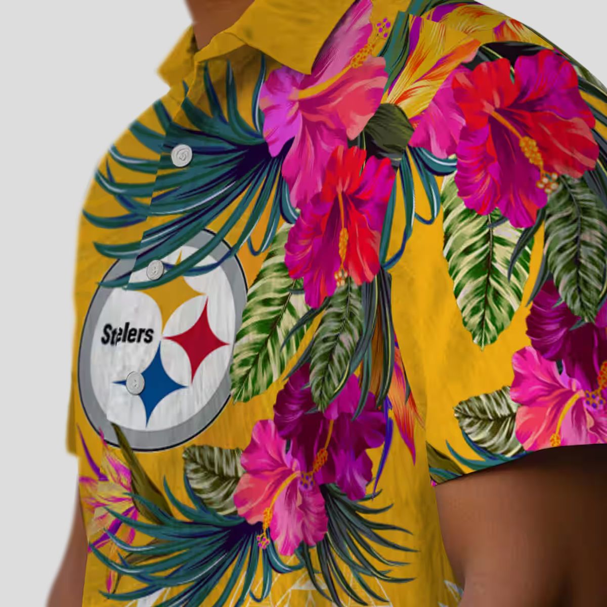 Pittsburgh Steelers Beach Short Sleeve Shirt - Gold Polynesian Floral Hawaiian Style