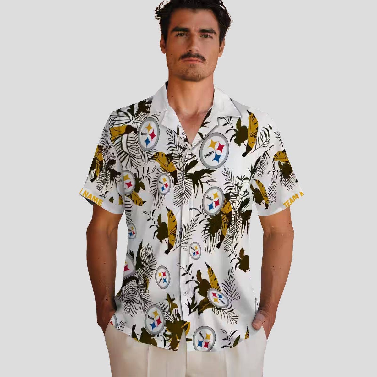 Pittsburgh Steelers Botanical Hawaiian Shirt, Gold & White Aloha Beach Outfit