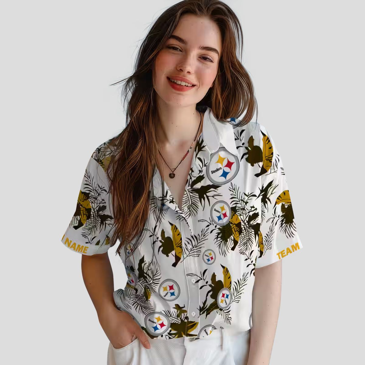 Pittsburgh Steelers Botanical Hawaiian Shirt, Gold & White Aloha Beach Outfit