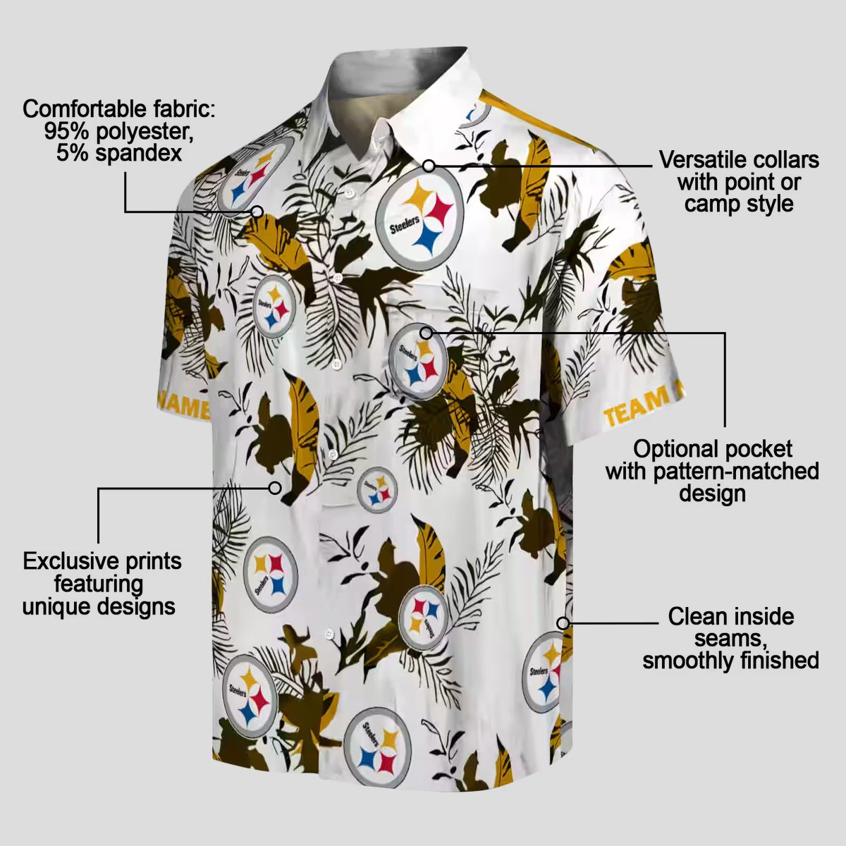 Pittsburgh Steelers Botanical Hawaiian Shirt, Gold & White Aloha Beach Outfit