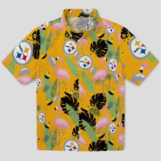 Pittsburgh Steelers Hawaiian Beach Shirt - Gold Flamingo NFL Vacation Style