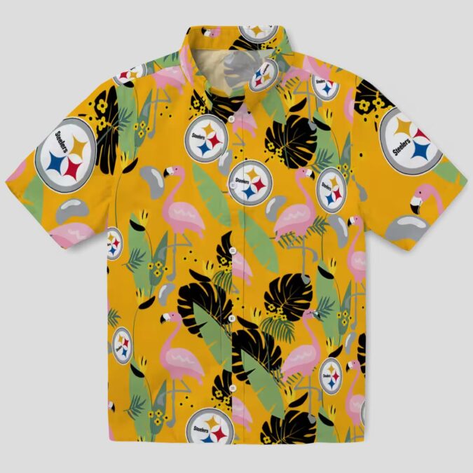 Pittsburgh Steelers Hawaiian Beach Shirt - Gold Flamingo NFL Vacation Style