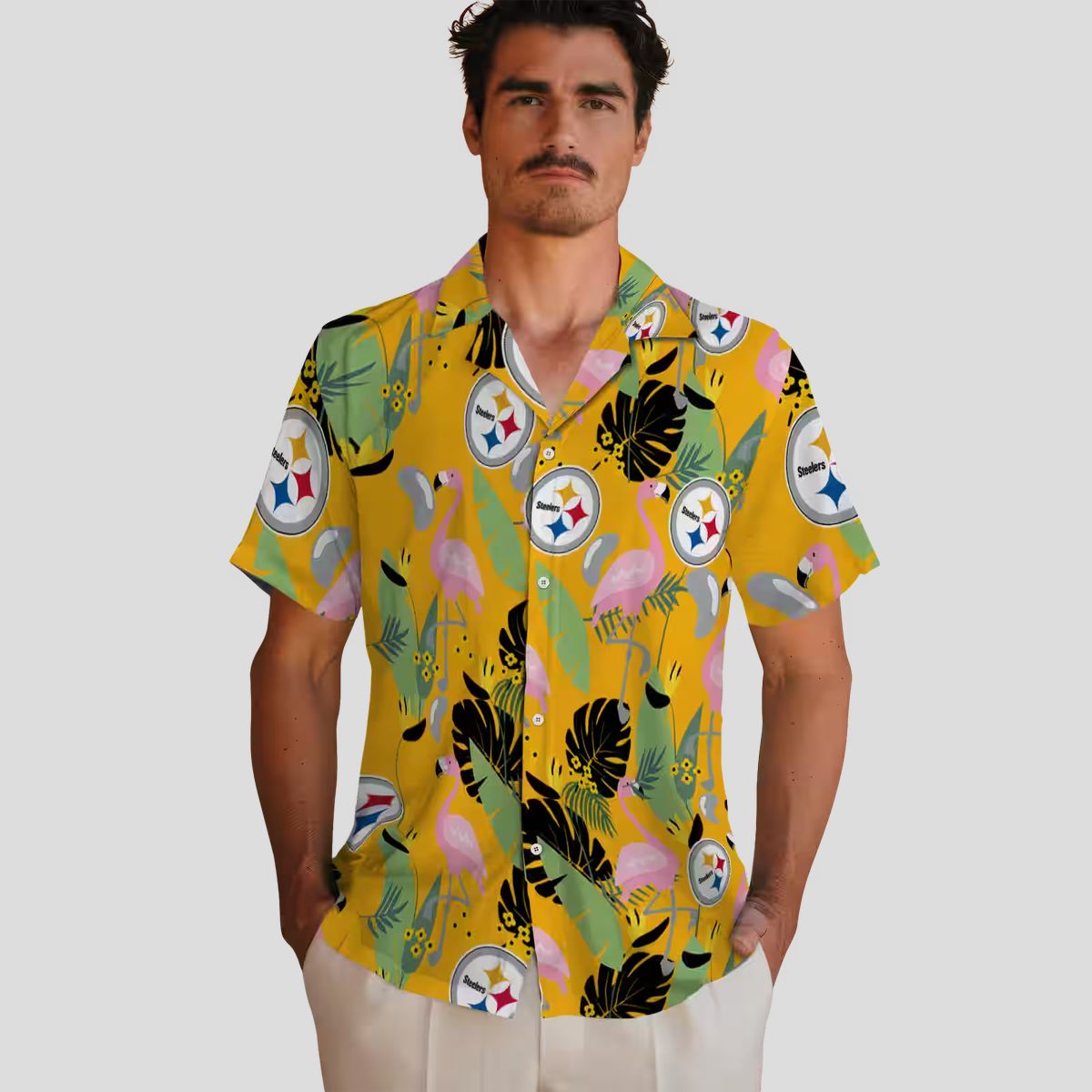 Pittsburgh Steelers Hawaiian Beach Shirt - Gold Flamingo NFL Vacation Style